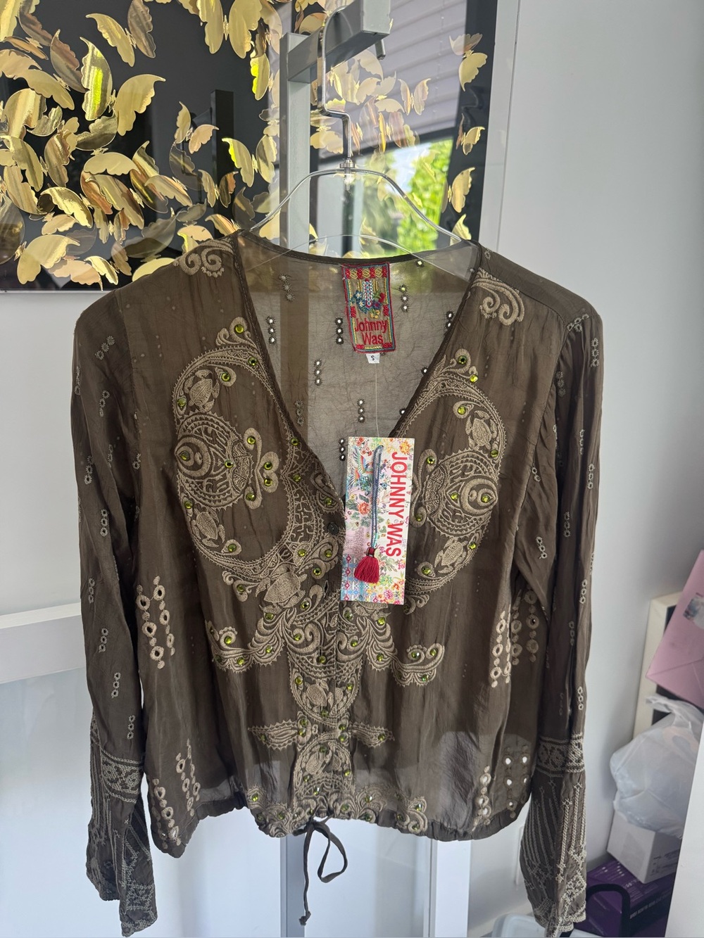 NWT GORGEOUS JOHNNY WAS OLIVE GREEN OAUGE JACKET W/crystals sz S so 😍 beautiful